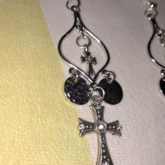 love, Savvy Double Cross Silver Chandelier Earrings - Picture 2 of 3